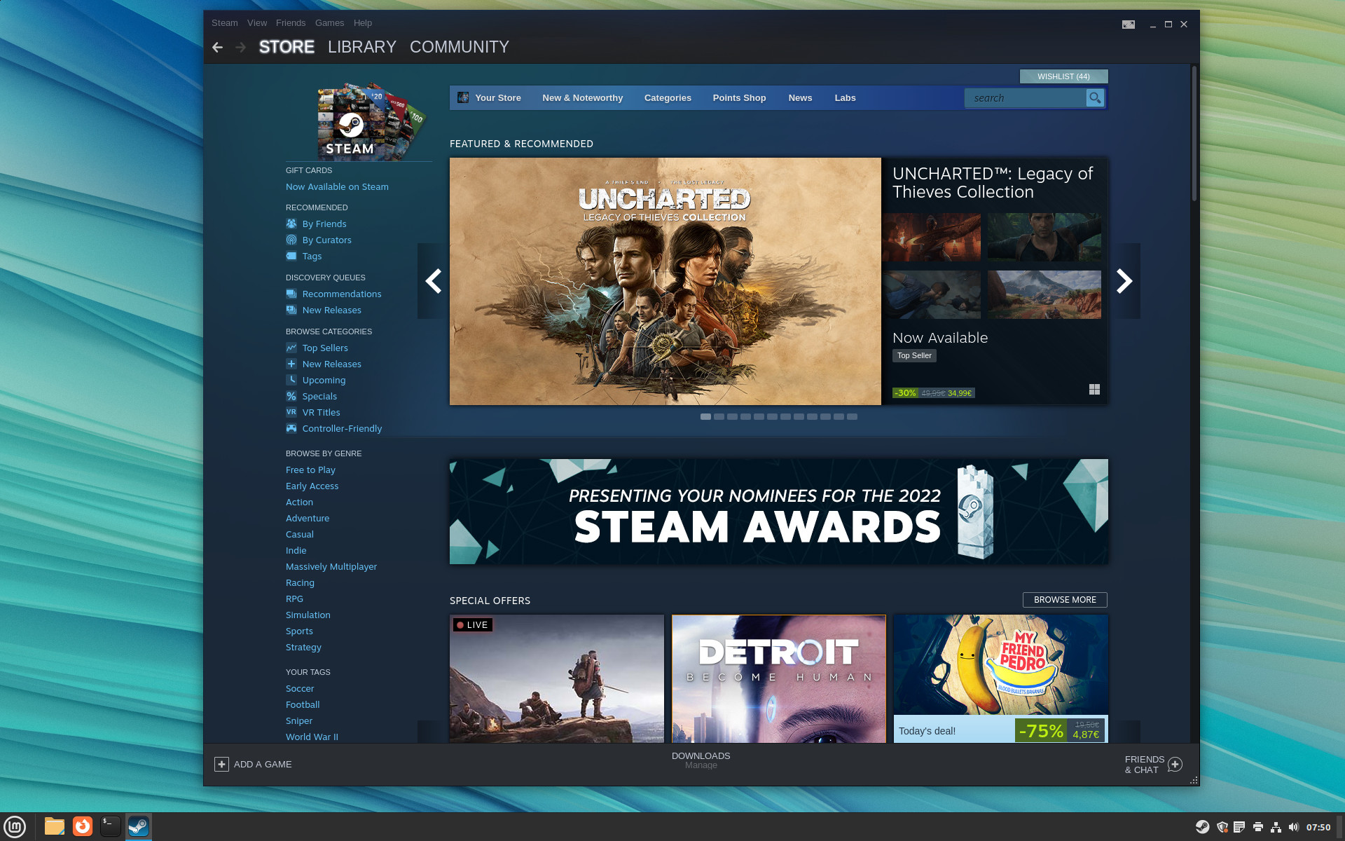 Screenshot of a Linux Mint desktop, showing the Steam Store homepage; courtesy of linuxmint.com